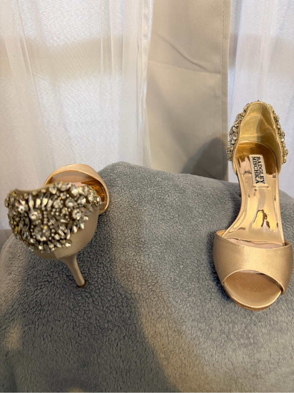 Badgley Mischka Champagne Satin Crystal-Embellished Open-Toe Heels